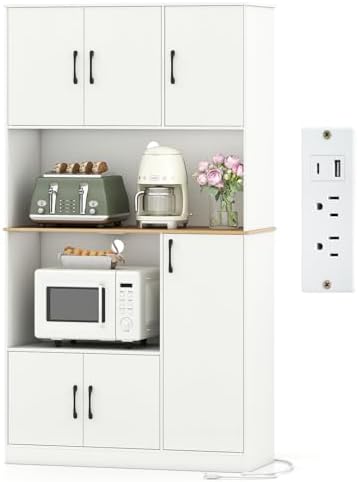 Giantex Kitchen Pantry Cabinet, 71" Kitchen Hutch with 4 Storage Cabinet, Built-in Power Outlet, Wooden Microwave Stand with Large Countertop, Modern Tall Cupboard for Dining Room Coffee Bar, White