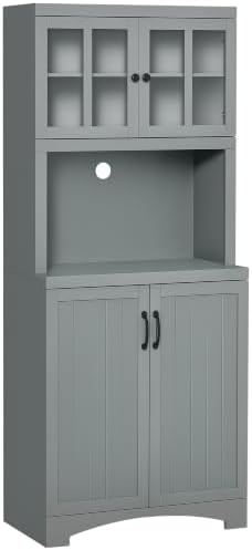 HOMCOM Kitchen Hutch 70" Pantry Cabinet Glass Framed Door Dining Room Gray