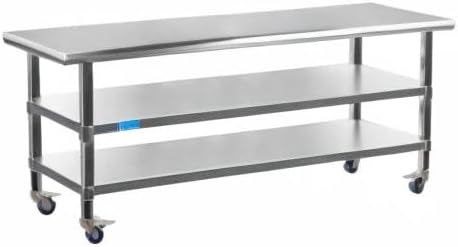 AmGood Stainless Steel Work Table with 2 Shelves and Casters | Metal Utility Table On Wheels (Stainless Steel Work Table with 2 Shelves + Casters, 72" Long x 18" Deep)