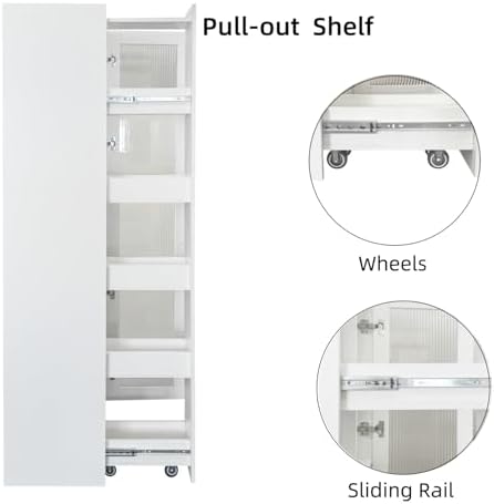 KEIKI Pull-Out Kitchen Pantry Storage Cabinet with Multi-Tier Shelf, Glass Doors, Spice Rack Next to Fridge, Freestanding Wood Hutch Food Pantries Cupboard for Coffee Bar, Dining Room, Narrow Spaces