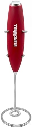 BlendWell Electric Milk Frother for Matcha and Coffee, Handheld Battery Operated Drink Mixer with Stand, Stainless Steel Whisk, Red
