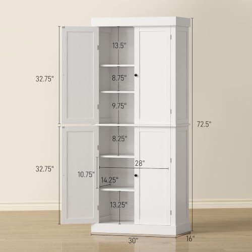 HOMCOM 72.5" Tall Kitchen Pantry Cabinet 4 Doors Modern White Wood Grain