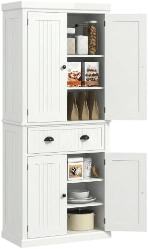 HOMCOM 72" Traditional Kitchen Pantry Cabinet, Freestanding Tall Storage Cabinet with 4 Doors, Drawer and 3 Adjustable Shelves for Dining Room, Cream White