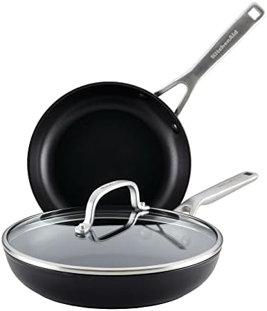 KitchenAid Hard Anodized Induction Nonstick Frying Pan Set With Lid, 3-Piece – 8 & 10 Inch Skillets, Durable, Even Heating, Dishwasher & Oven Safe, Easy-Clean, Matte Black