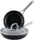 KitchenAid Hard Anodized Induction Nonstick Frying Pan Set With Lid, 3-Piece – 8 & 10 Inch Skillets, Durable, Even Heating, Dishwasher & Oven Safe, Easy-Clean, Matte Black