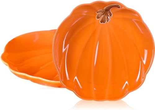 Rtteri 2 Pcs Pumpkin Ceramic Plates 8 Inch Thanksgiving Ceramic Pumpkin Platter Fall Versatile Serving Dish for Salads Fruit Dessert Smooth Textured Dinnerware Thanksgiving Fall Table Decoration
