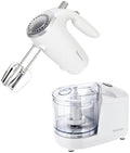 Betty Crocker 2-Piece Kitchen Appliances Combo: 5-Speed Hand Mixer with Food & Vegetable Chopper, 150W Mixer, Chrome Beater & Whisk Attachments, 100W Food Processor with Plastic Bowl, BC-7222W, White