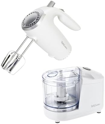 Betty Crocker 2-Piece Kitchen Appliances Combo: 5-Speed Hand Mixer with Food & Vegetable Chopper, 150W Mixer, Chrome Beater & Whisk Attachments, 100W Food Processor with Plastic Bowl, BC-7222W, White