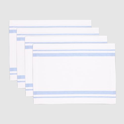 Solino Home 100% Linen Placemats, 14 x 19 in, Blue, French Stripe, Set of 4
