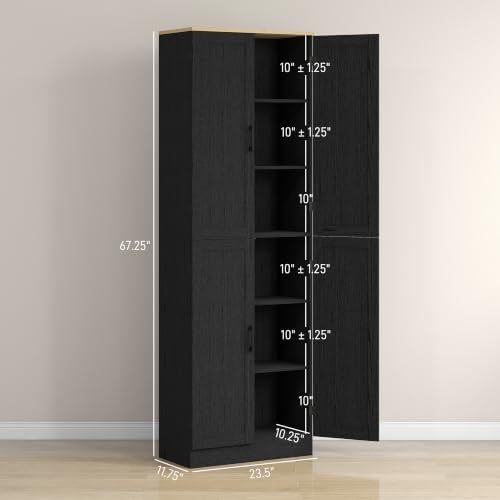 HOMCOM 67" Freestanding Kitchen Pantry 4-Door Cabinet Distressed Black