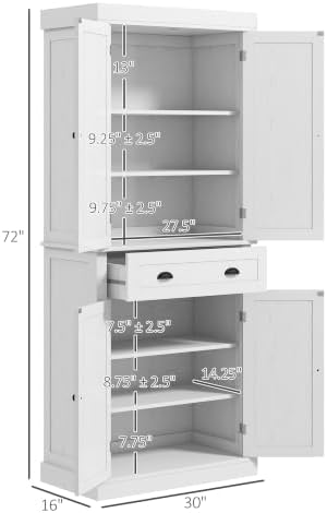 HOMCOM 72.5" Kitchen Pantry Cabinet Freestanding 4 Doors White Wood Grain