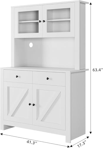 Jojoka 63" Tall Kitchen Pantry Hutch Cabinet with Drawers, Freestanding Storage Cabinet with Microwave Stand, Adjustable Shelves & Tempered Glass Doors for Dining Room Living Room,White