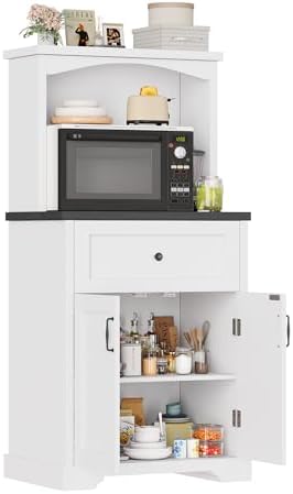 Microwave Stand with Storage and Drawer, Kitchen Pantry Storage Cabinet