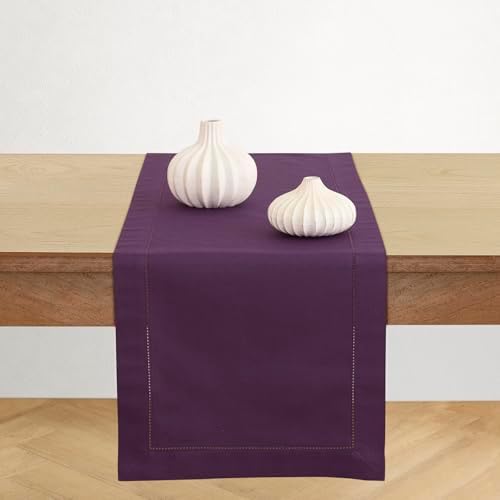 Solino Home Cotton Linen Table Runner Purple Hemstitch, 14 x 108 in