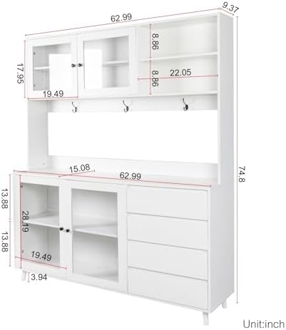 KEIKI 75" H x 63" W Kitchen Pantry Storage Cabinet with Countertop, Glass Doors, Drawers, Microwave Stand and Shelves, Tall Freestanding Wood Hutch Food Pantries Cupboard for Coffee Bar, Dining Room