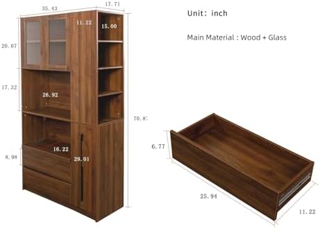 KEIKI 70.87" Tall Kitchen Pantry Storage Cabinet with Pull-Out Shelf, Side Shelves, 2 Drawers, Glass Doors & Microwave Stand, Freestanding Wood Hutch Food Pantries Cupboard for Dining Room