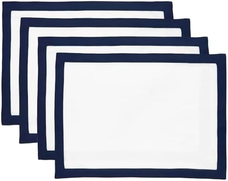 Solino Home 100% Pure Linen Placemats, 14 x 19 in, Navy and White, Set of 4