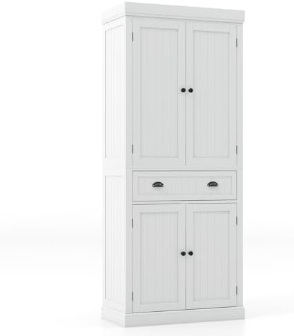 GIANTEX Pantry Organizers and Storage, 72" Tall Kitchen Cabinet with 2-Door Cabinets & Drawer, Buffet Sideboard w/Adjustable Shelves, Wooden Freestanding Cupboard for Dining Room Living Room (White)