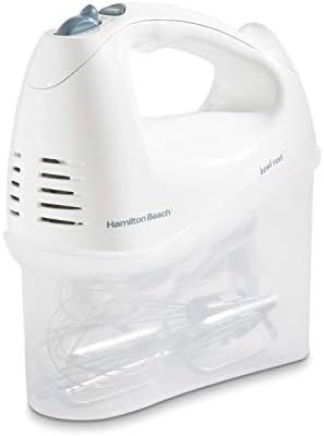 Hamilton Beach Electric Stand Mixer, 4 Quarts, Dough Hook, Flat Beater Attachments, Splash Guard 7 Speeds with Whisk, Black with Top Handle and Hamilton Beach 6-Speed Electric Hand Mixer with Whisk, Traditional Beaters, Snap-On Storage Case, White