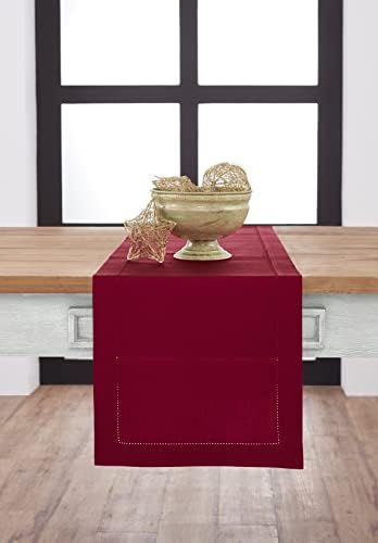 Solino Home Cotton Linen Table Runner Red, Hemstitch Collection 14 x 108 in