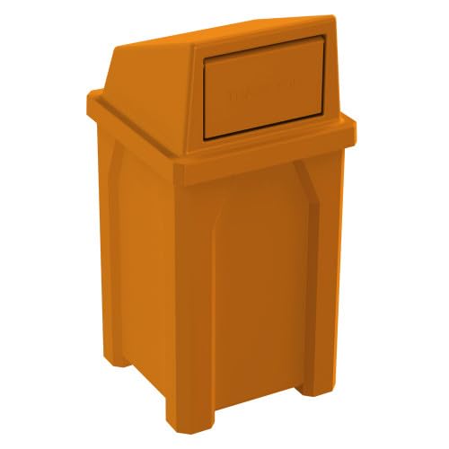 32 Gallon Square 100% Recycled Plastic Heavy Duty Indoor or Outdoor Commercial Trash Can with Push Lid | Great for Schools and Businesses - Orange