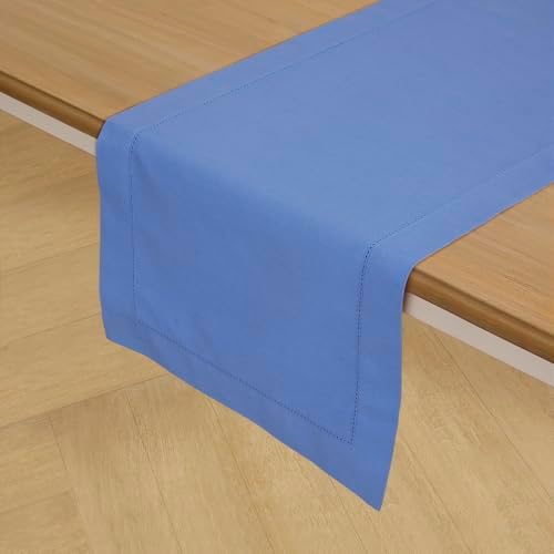 Solino Home Cotton Linen Table Runner Blue, Hemstitch Collection 14 x 48 in