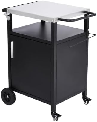 Outdoor Grill Table Cart with Storage Cabinet, Stainless Steel Outdoor Kitchen Island on Wheels, Mobile BBQ Prep Station with Bottle Opener, Seasoning Tray, Black