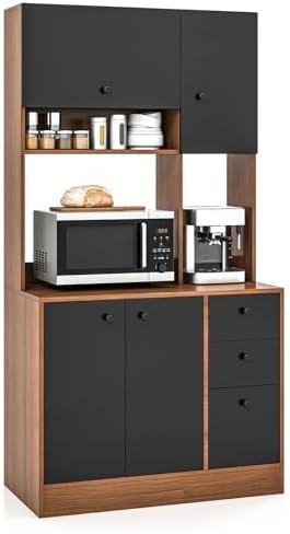 LOKO 71” Tall Kitchen Pantry Storage Cabinet with 3 Drawer, Walnut & Black