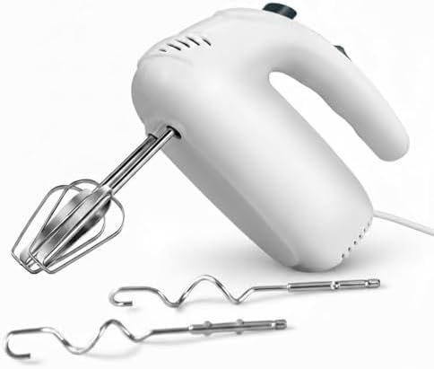 300W Hand Mixer Electric Handheld, 5 Speed Lightweight Kitchen Blender, Turbo Boost/Self-Control Speed Hand Held Beater Mixer with 4 Stainless Steel Whisks for Baking Cakes Eggs Cream, White