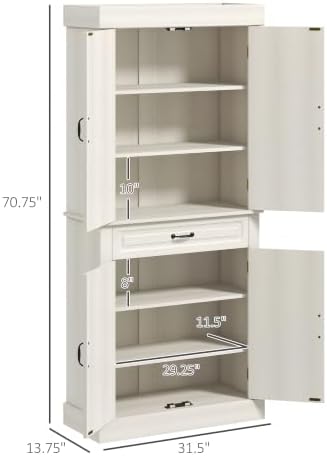 HOMCOM 71" Freestanding Kitchen Pantry Cabinet 4 Doors Distressed White