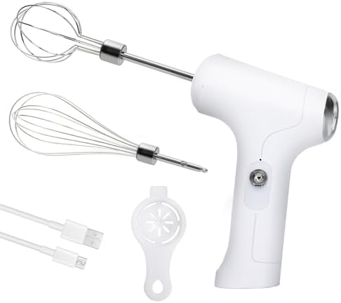 Cordless Hand Mixer, Handheld Electric Whisk with 3 Speed Modes, Hand Held Egg Beater with 2 Detachable Stir Whisks (White Silver)