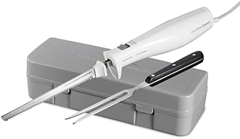 Hamilton Beach Electric Knife, White & 6-Speed Electric Hand Mixer with Whisk, Traditional Beaters, Snap-On Storage Case, White