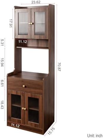 KEIKI 70.87" Tall Kitchen Pantry Storage Cabinet with Countertop, Glass Doors, Drawers, Microwave Stand and Shelves, Freestanding Wood Hutch Food Pantries Buffet Cupboard for Coffee Bar, Dining Room