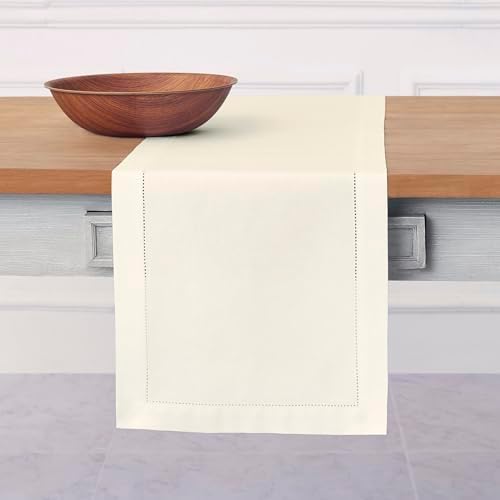 Solino Home Cotton Linen Table Runner Ivory Hemstitch, 14 x 132 in