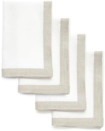 Solino Home 100% Pure Linen Napkins, 20 x 20 in, Natural Border, Set of 4