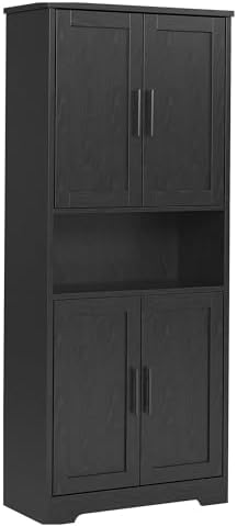 Takywep Modern Tall Freestanding Pantry Cabinet 70", Storage Cupboard with 4 Doors, Adjustable Shelves & Open Shelf, Multipurpose Home Organizer for Living Room, Kitchen, Dining Room, Black