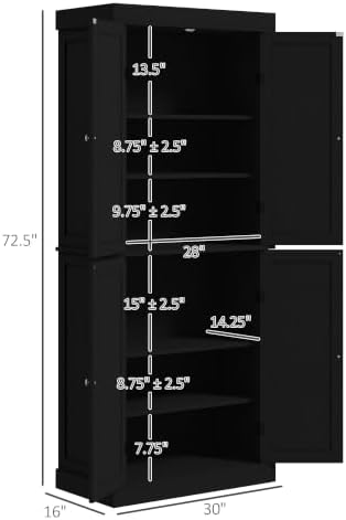 HOMCOM 72.5" Tall Kitchen Pantry Cabinet 4 Doors Modern Black Wood Grain