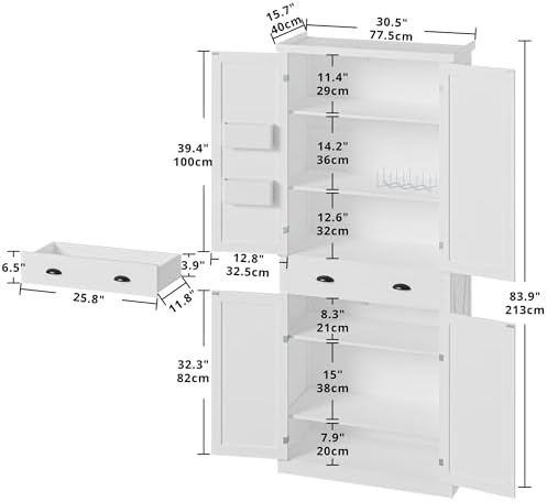 IRONCK Kitchen Pantry Storage Cabinet, 83.9" H Cupboard, White