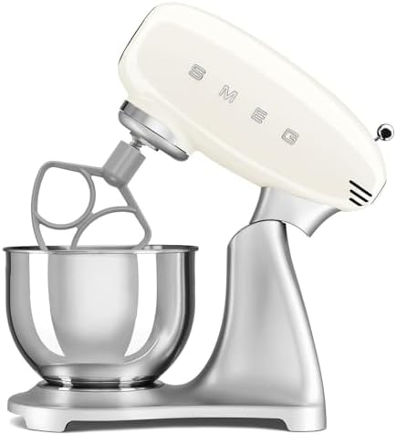 SMEG SMF04 5-Qt Stand Mixer with Smooth Start & SteadyMix, 600W Motor, 10 Speeds, Stainless Steel Bowl & Pour Shield – Retro 50’s Style Planetary Mixer for Bread Dough, Baking & Desserts-Cream