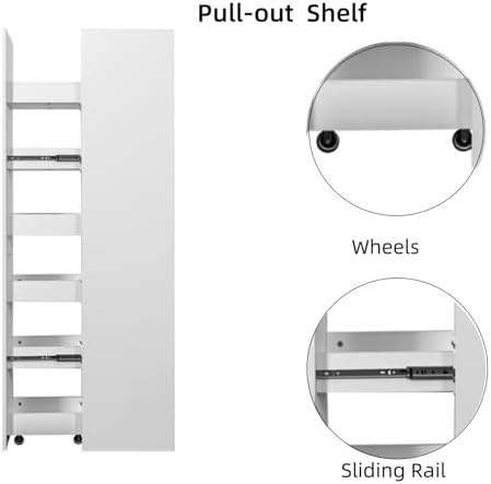 KEIKI Pull-Out Kitchen Pantry Storage Cabinet with Multi-Tier Shelf, Spice Rack Next to Fridge, Freestanding Wood Hutch Food Pantries Cupboard for Coffee Bar, Dining Room, Narrow Spaces