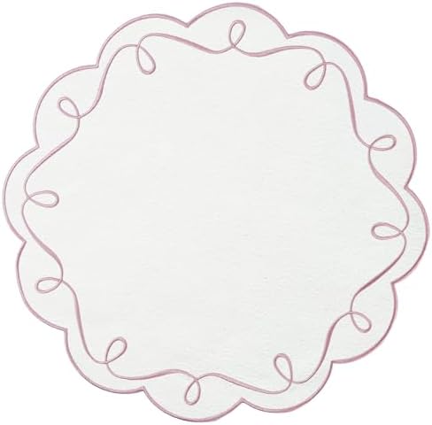 15 Inch Ribbon Twirl Embroidery Round Placemats Set of 4, Scalloped Round Table Mats for Party Kitchen Dining Decoration, Pink
