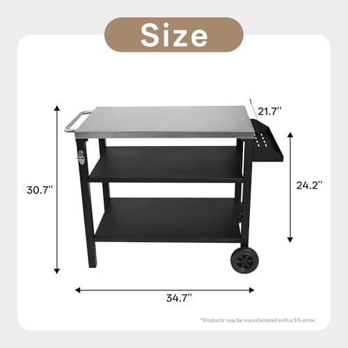 KEIKI 3-Tier Outdoor Grill Cart Table with 2 Wheels, Seasoning Tray, Movable BBQ Cooking Prep Table, Pizza Oven Table, Serving Bar Cart for Backyard, Indoor, Outside, Kitchen Room, Stainless Steel