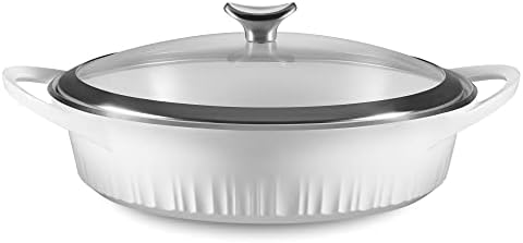 CorningWare QuickHeat 4-QT Cast Aluminum Braiser With Lid, Nonstick Ceramic Interior, Lightweight and Fast Even Heat Baking & Cooking, For Meats, Soup, Browning, Searing, French White