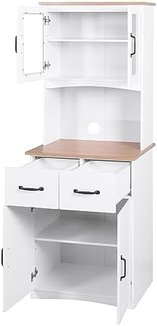 GDFStudio Wooden Kitchen Pantry Cupboard with Framed Glass Doors & Drawer, Freestanding Storage Cabinet Hutch, Kitchen Living Room Rectangle Storage Cabinet, Home Organization Cupboard, White