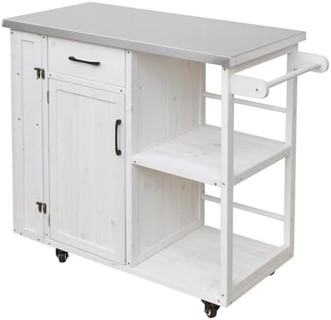 Merax 40.5" Outdoor Grill Cart Table with Storage Cabinet & Stainless Steel Top, Fir Wood Outdoor Kitchen Island on Lockable Wheels, Built-in Towel & Spice Racks for Patio BBQ Food Prep, White