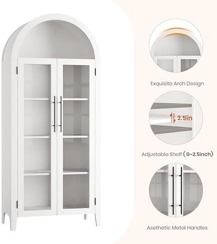 GarveeHome Arched Kitchen Pantry Storage Cabinet - Farmhouse 5 Tier Display Shelf with Adjustable Shelf and 2 Large Glass Doors, Versatile Cupboard for Kitchen, Dining Room, Living Room, White