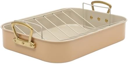 Gibson Home Broxton 2-Piece Nonstick Roaster Pan with Rack – 16 x 12 Inch Apricot Turkey Roasting Pan with Cast Aluminum Gold Handles – Oven-Safe, Easy-Clean, Holiday Cookware