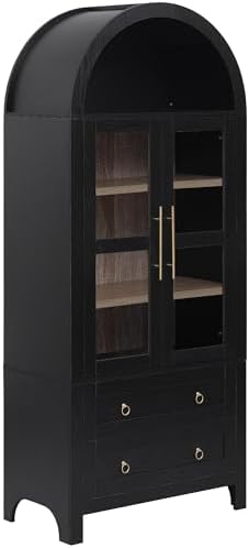 Merax 71" Tall Arched Farmhouse Pantry Cabinet with Glass Doors & 2 Large Drawers - Adjustable Shelves, Modern Kitchen Storage Cupboard for Dining Room, Living Room (30" W x 15.75" D), Black
