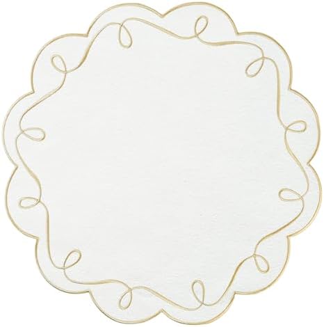 15 Inch Ribbon Twirl Embroidery Round Placemats Set of 4, Scalloped Round Table Mats for Party Kitchen Dining Decoration, Gold