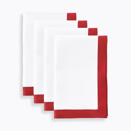 Solino Home 100% Linen Napkins, 20 x 20 in, Red and White Border, Set of 4